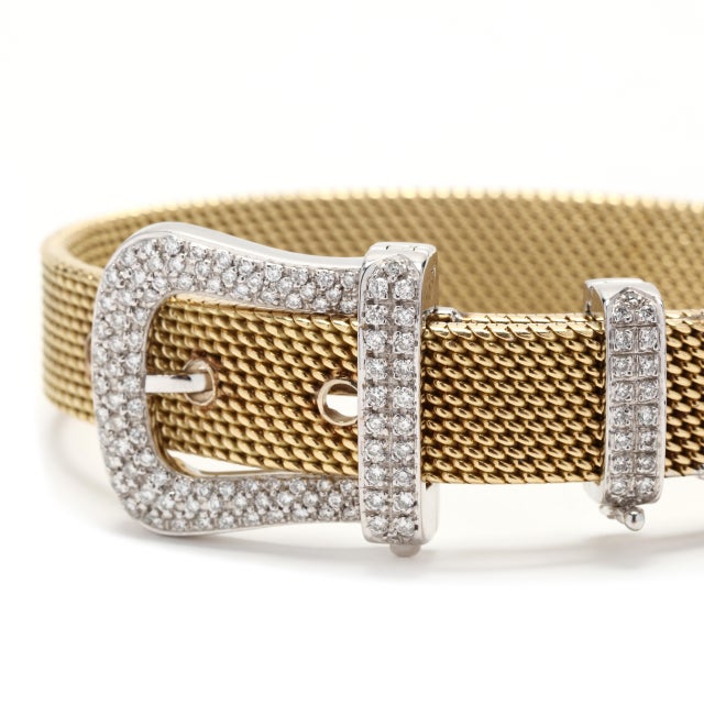 Modern 0.75ctw Diamond Mesh Buckle Bracelet, 18k Yellow Gold For Sale - Image 3 of 6