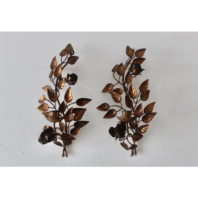 Late 20th Century Hans Kögl Style Gilded Flowers Stems Leaves Wall Mount Candle Holders Sconces - a Pair For Sale - Image 9 of 18