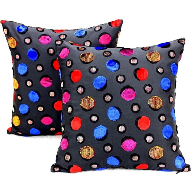 Multicolor Velvet Polka Dot Black Italian Silk Pillows- a Pair For Sale - Image 12 of 12