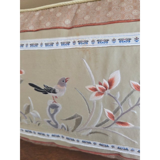 Chinoiserie Vintage Bird Embroidered Chinese Silk Pillow For Sale - Image 3 of 11
