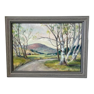 Original Vintage Oil Painting. Landscape, Birch Trees, and Barn. For Sale