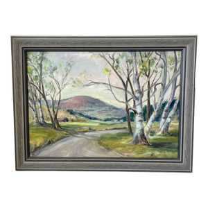 Original Vintage Oil Painting. Landscape, Birch Trees, and Barn.