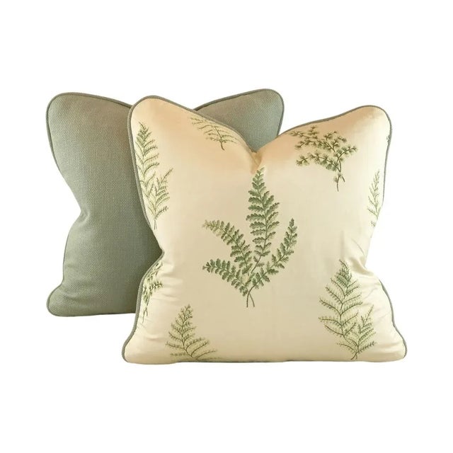 Maxwell P Kaufmann Green & Pale Yellow Botanical Fern Frond Leaf Embroidered Woven Pillow Covers- Pair For Sale In Jacksonville, FL - Image 6 of 8