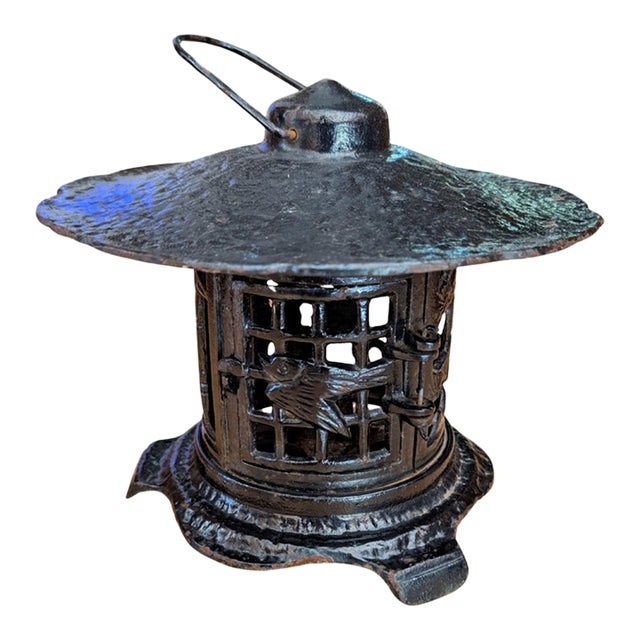 Vintage Cast Iron Pagoda Candle Lantern With Bird Motif For Sale