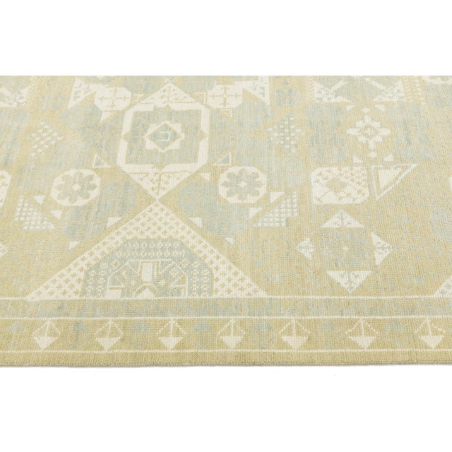 2010s 10x14 Modern Khotan Style Geometric Area Rug in Soft Sage & Ivory Wool For Sale - Image 5 of 10
