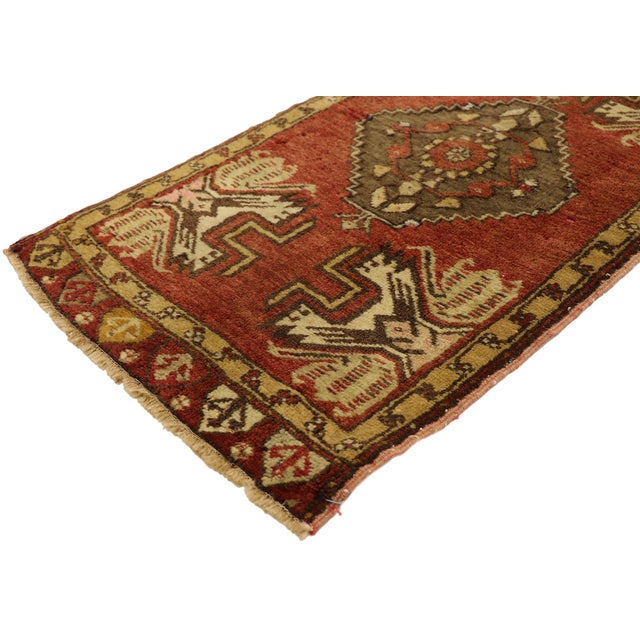 51509 Vintage Turkish Yastik Rug, 01'07 x 03'01. This hand-knotted wool vintage Turkish Yastik rug is a striking example...