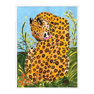 Licking Leopard by Jelly Chen in White Framed Paper, Large Art Print For Sale