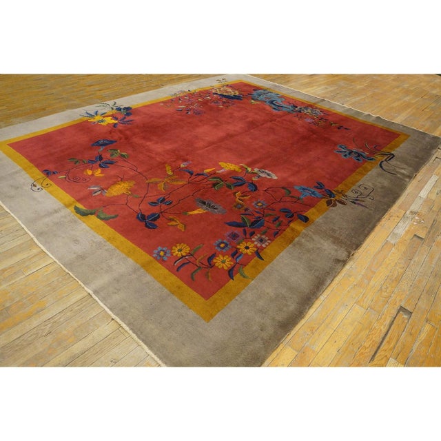 1920s Orange Floral Modern Antique Chinese Art Deco Handknotted Wool Rug For Sale In New York - Image 6 of 10
