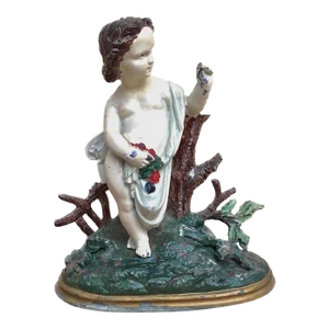 Antique Painted Cast Iron Cherub With Flowers