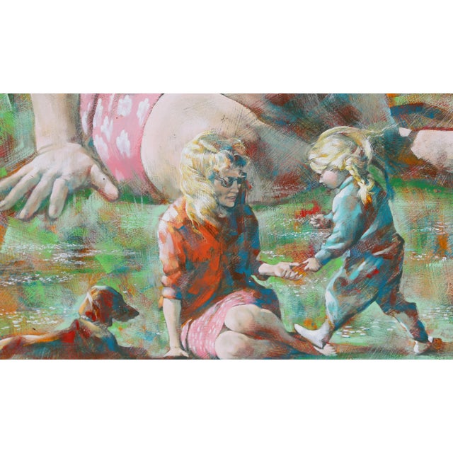 Modern Mother, Child and Dog in the Park, Raymond Howell Oil on Masonite Painting For Sale - Image 3 of 4