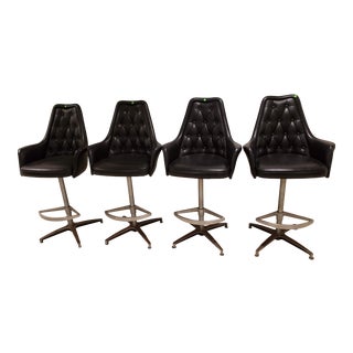 1970s Vintage Swivel Barstools in Black Vinyl - Set of 4 For Sale
