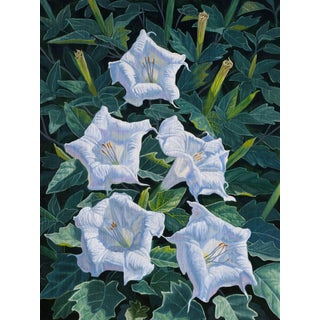 Moon Flowers by Robin Hextrum | Oil on Linen Panel White flowers among green leaves. For Sale