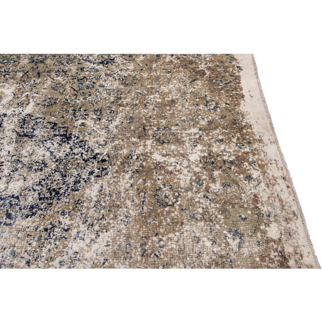 Vintage Handmade Medallion Motif Tan and Blue Distressed Wool Rug For Sale - Image 9 of 11