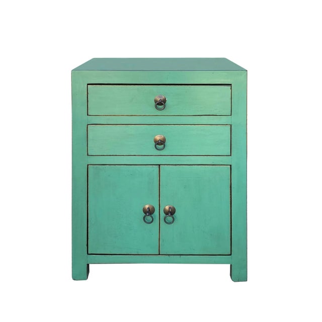 2020s Chinese Distressed Turquoise Green 2 Drawers End Table Nightstand For Sale - Image 5 of 6