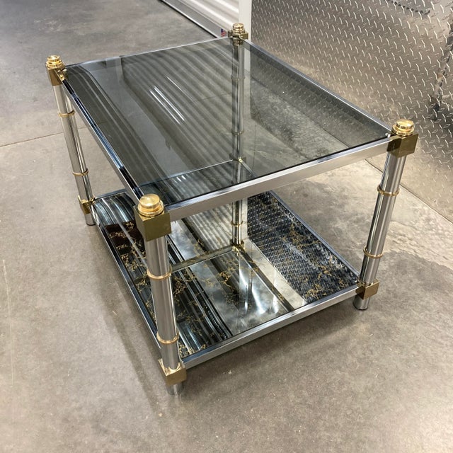 Mid-Century Modern 1980s Mid-Century Modern Chrome & Brass Tiered Glass End Table For Sale - Image 3 of 13