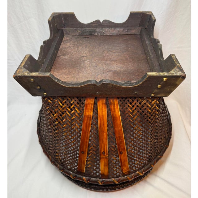 Vintage Chinese Woven Rattan Bamboo Storage Basket Side Table Brass Accent For Sale - Image 12 of 12