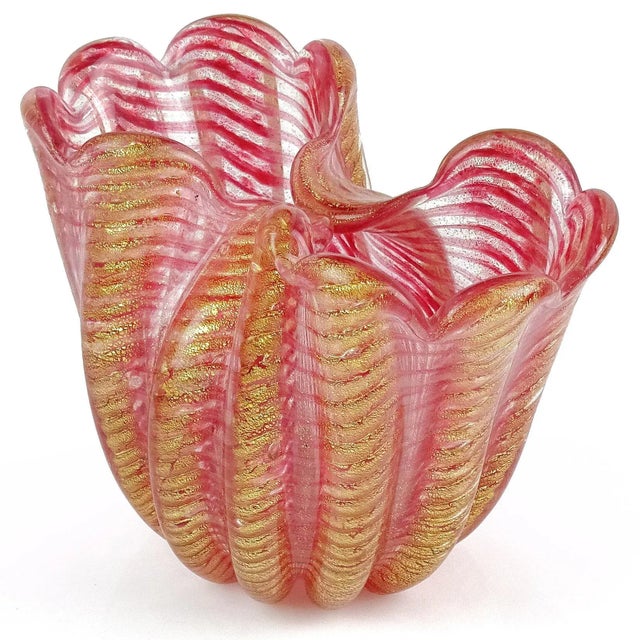 Beautiful vintage Murano hand blown pink stripes and gold flecks Italian art glass double opening flower vase. Documented...