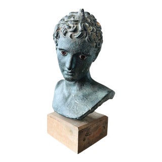 Vintage Head Bust in Stone, Verdigris Finish For Sale