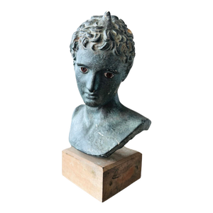 Vintage Head Bust in Stone, Verdigris Finish