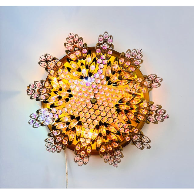 Vintage Brass Sunburst Ceiling Light, Hand-Painted Pink Crystal Beaded Mandala Chandelier, 10-Light Flush Mount For Sale - Image 6 of 18