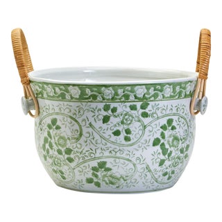 Oversized Ceramic Champagne Bucket With Rattan Handles For Sale