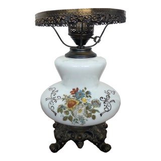 Antique Victorian Milk Glass Floral Electrified Oil Lamp W/ Spelter Base For Sale