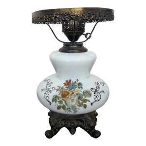 Antique Victorian Milk Glass Floral Electrified Oil Lamp W/ Spelter Base