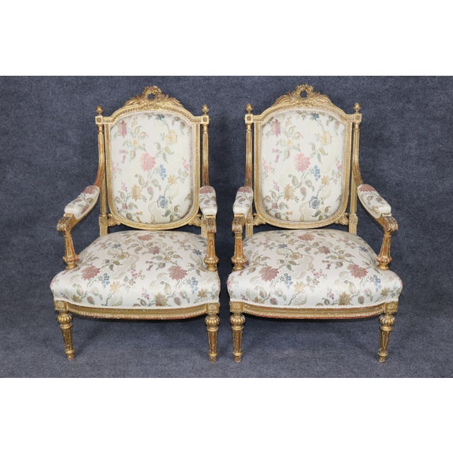Pair 19th C. French Louis XVI Style Carved Giltwood Armchairs For Sale - Image 4 of 18