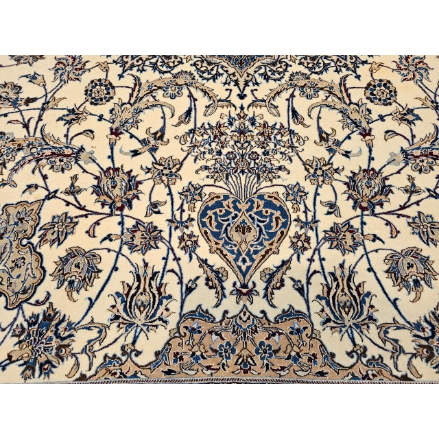 Vintage Exceptionally Fine Persian Nain Area Rug, Hand-Knotted Wool & Silk, Floral Pattern, 7x11, Ivory & Blue For Sale - Image 17 of 18