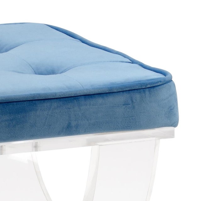 Clear acrylic bench with blue velvet tufted cushion 18h x 21.5w x 16d