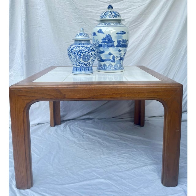 Mid 20th Century 1970s Coastal Chic Walnut and White Ceramic Tile Square Side Coffee Table For Sale - Image 5 of 11