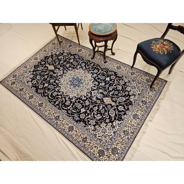 Vintage Fine Persian Nain Habibian Area Rug, Hand-Knotted Wool & Silk, Floral Pattern, 5x8, Navy & Ivory For Sale - Image 4 of 12