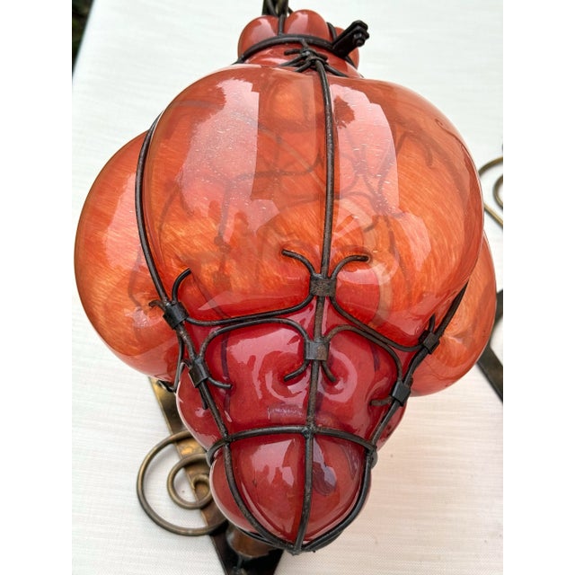Light Pendants: Pair of Gorgeous Vintage Swirl Italian Murano-Style Caged Glass Lanterns in Coral/ Oranges: Caged Venetian Style For Sale In Los Angeles - Image 6 of 10
