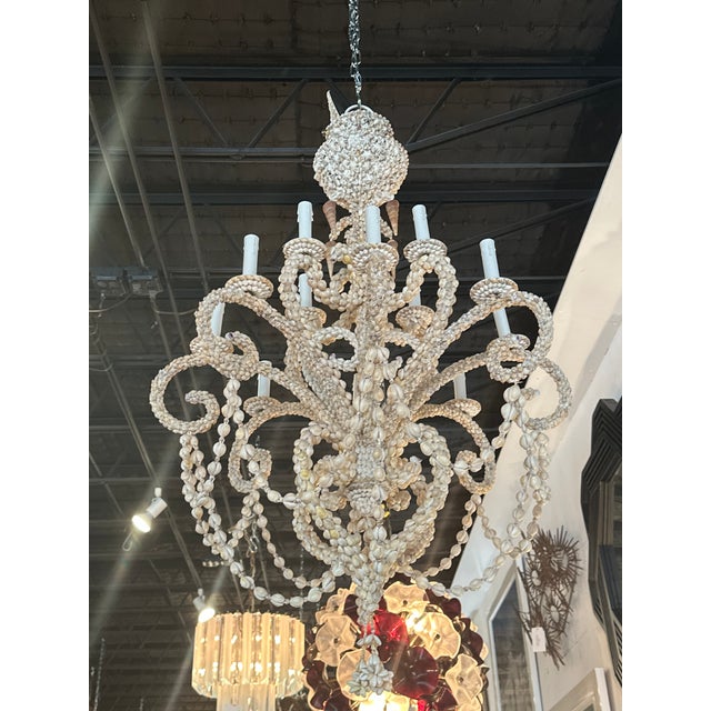 1980s Vintage Shell Seashell Encrusted Coastal Palm Beach 12 Light Chandelier For Sale - Image 5 of 12