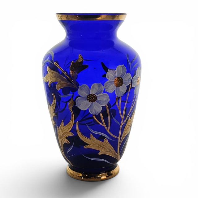 Bohemian Czech Hand-Blown Cobalt Blue Enamel & Fire-Gilt Cabinet Vase 8" For Sale - Image 4 of 17