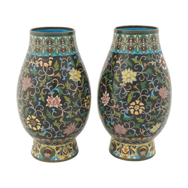 Japanese Antique Meiji Era Japanese Cloisonne Enamel Vases- a Pair For Sale - Image 3 of 4