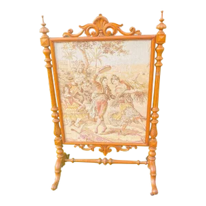 Vintage 1940s Elaborated Wooden Handcrafted Fireplace Screen Stand Framed Happy Scenic Tapestry