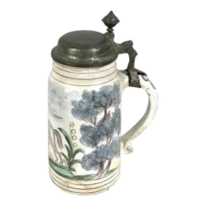 19th Century German Faience Beer Stein With Handle and Lid