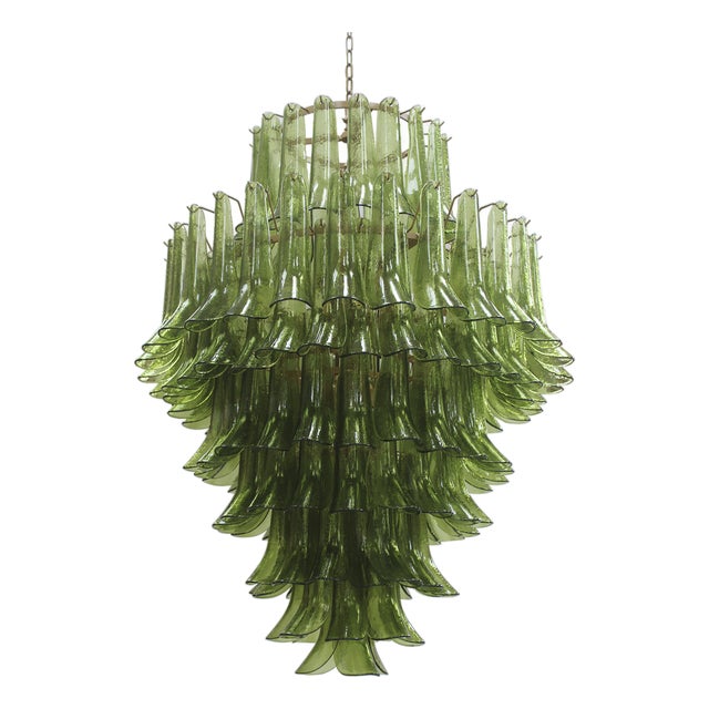 Green Murano Glass Petal Chandelier with Gold-Toned Support, Italy, 1999 For Sale