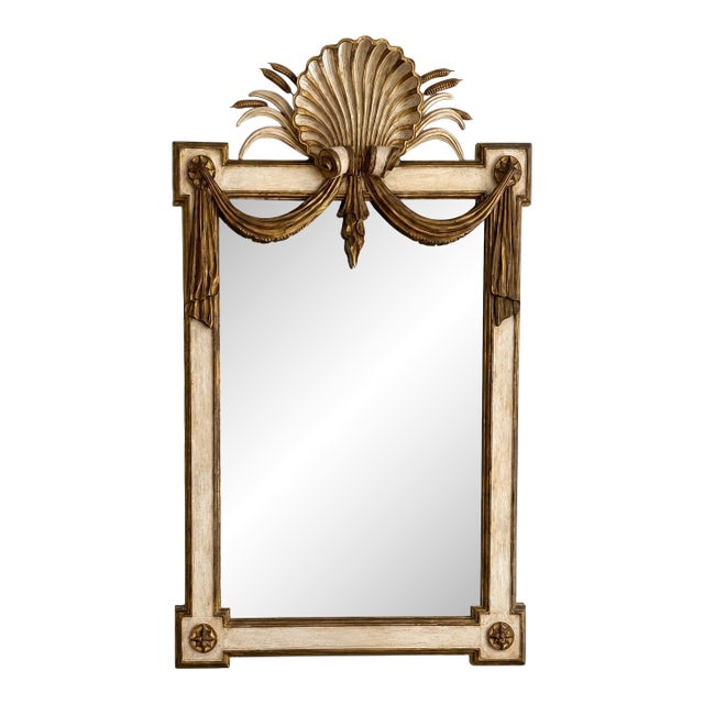 Mid-Century Italian Hollywood Regency Carved Wood Shell & Wheat Painted Mirror For Sale