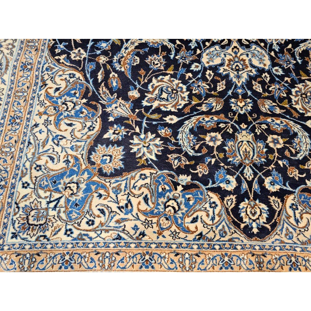Vintage Nain Area Rug, Hand-Knotted Wool & Silk, Floral Pattern, 7x11, Navy & Ivory For Sale - Image 15 of 17