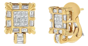14K Yellow Gold 7/8 Cttw Princess and Baguette-Cut Diamond Square Framed Huggie Hoop Omega Earrings