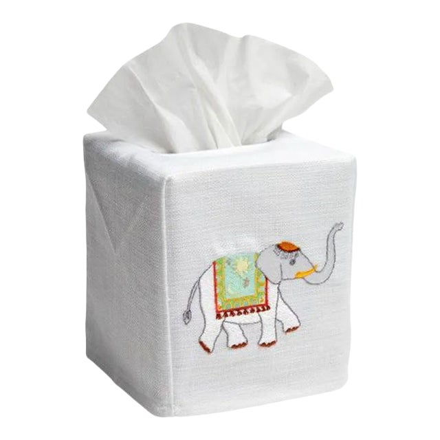 Aqua Elephant Tissue Box Cover in White Linen & Cotton, Embroidered For Sale