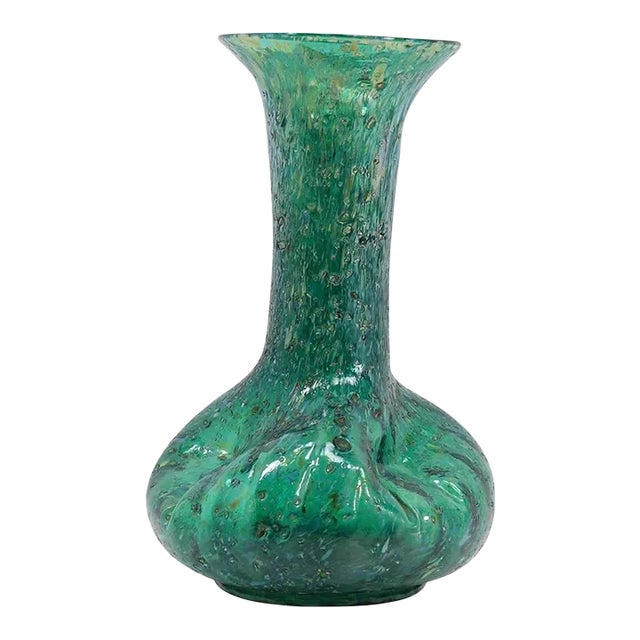 Vintage Green Art Glass Hand Blown Textured Vase For Sale