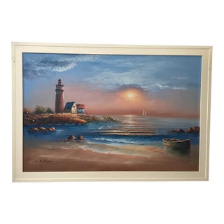 Vintage Seascape Lighthouse Sunset on the Beach Oil Painting on Canvas by M . Gartland For Sale
