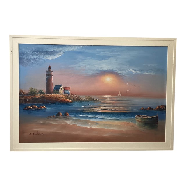 Vintage Seascape Lighthouse Sunset on the Beach Oil Painting on Canvas by M . Gartland For Sale