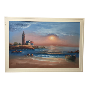 Vintage Seascape Lighthouse Sunset on the Beach Oil Painting on Canvas by M . Gartland