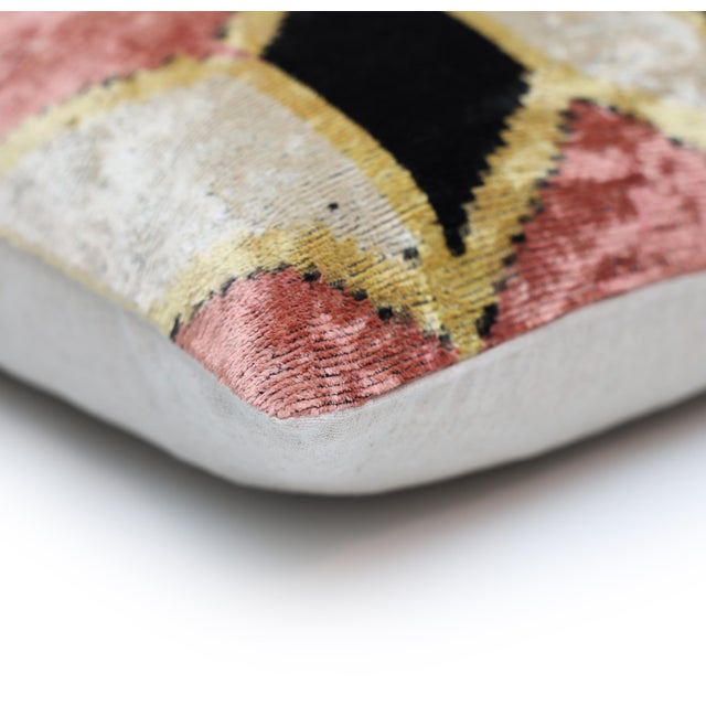 Blush Geometric Silk Velvet Throw Pillow 16x16 | Handmade Pink & Black Designer Accent Pillow For Sale - Image 4 of 8