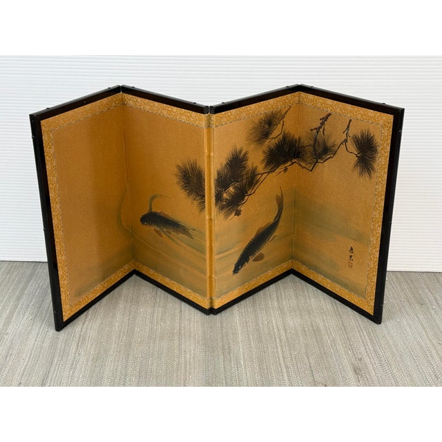 Asian Hand Painted Asian Koi Fish Folding Screen For Sale - Image 3 of 12