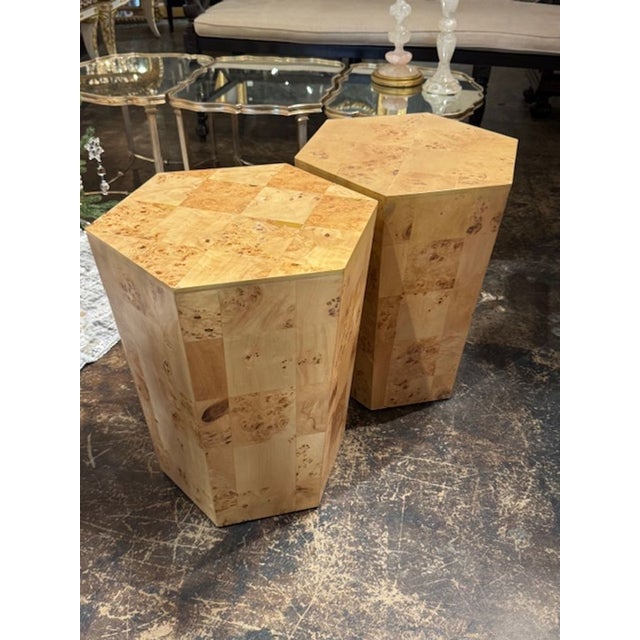 Mid-Century Modern Pair of Italian MCM Burl Elm Hex Tables For Sale - Image 3 of 6